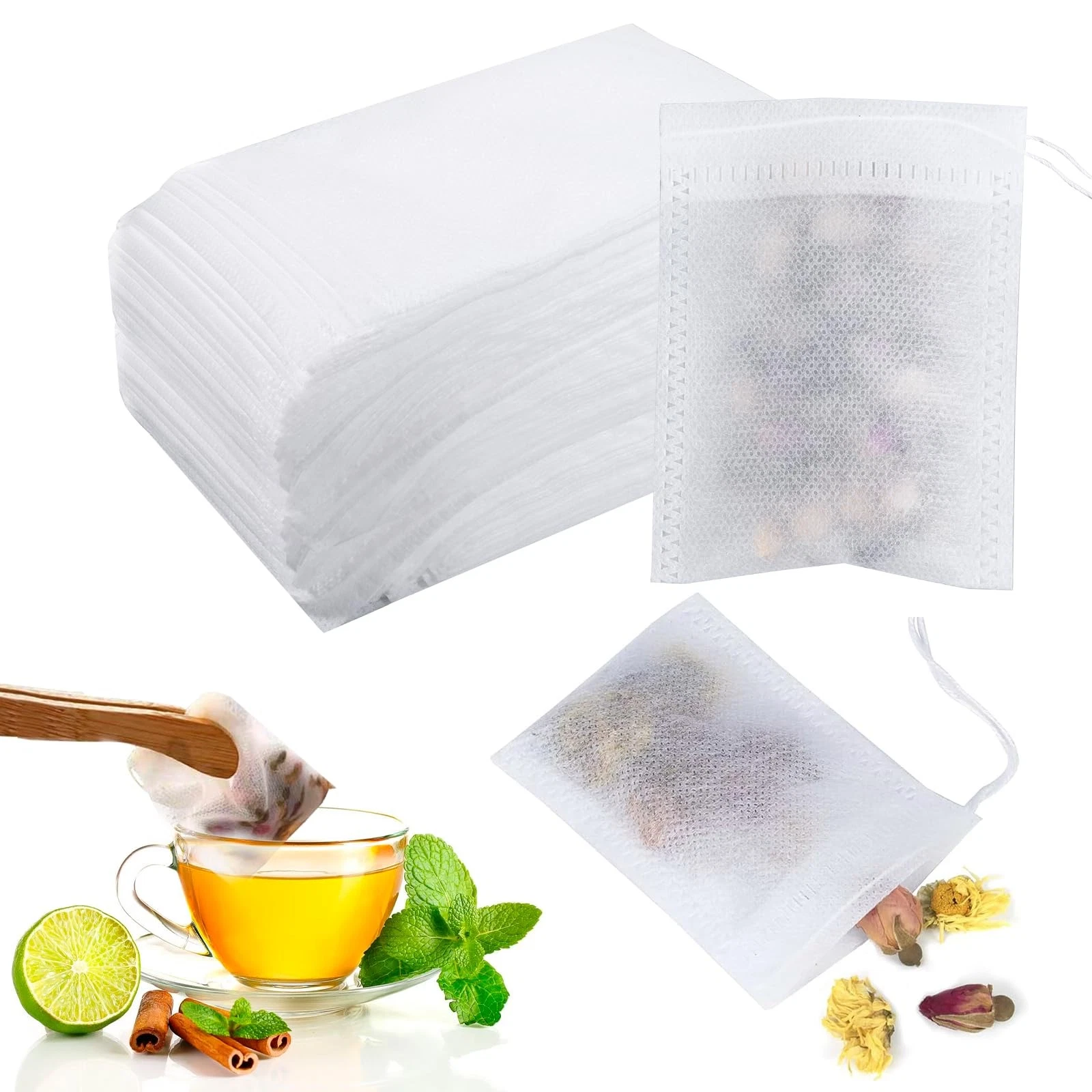 400 Pack Tea Bags, 7 x 9 cm, Disposable Drawstring Bags, for Tea, Flowers, K...