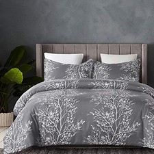 Soft Microfiber Duvet Cover Size and White Floral Branches Printed King Grey