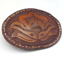 Vintage Handcrafted Leather Belt Buckle With Floral Design Stitched Edges