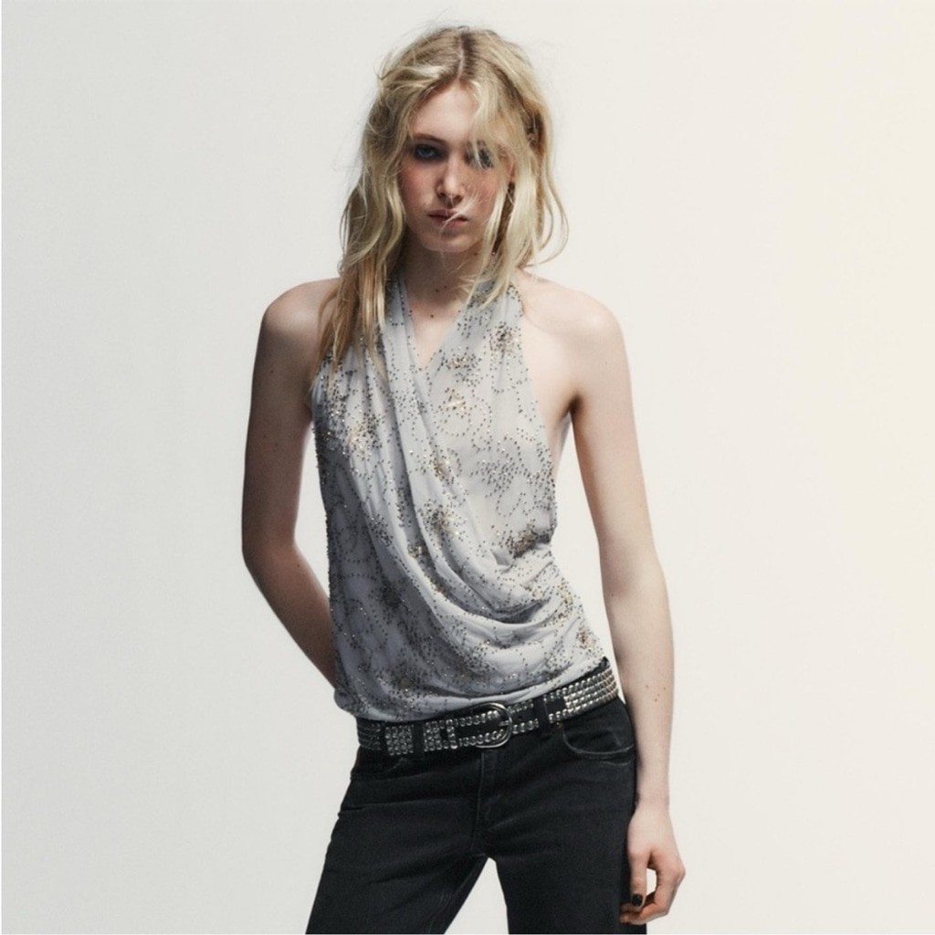 Zara Beaded Embroidered Halter Top Grey Blue L NWT Sold out image 3