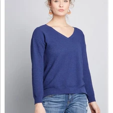 ModCloth 'Pointelle As Well' Women's XXS V Neck Sweater Blue Preppy Classic