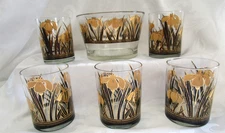 Culver Iris Cinnabar 22K Gold Lowball Whiskey Glasses &Ice Bowl LOT-6 BLACK GOLD