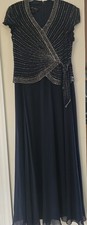 J Kara Beaded Gown Womens 6/8 Teal Blue Silver Maxi Dress, Wrap Top, See Note