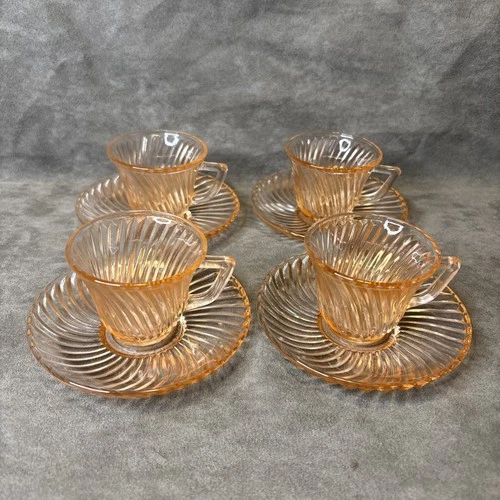 VTG Pink Depression Demitasse Cup & Saucer 2 oz.  Set of 4 Diana Federal Glass