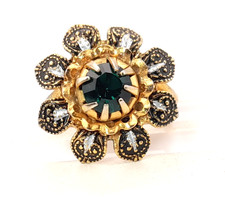 Vintage Faux Damascene Ring Green Stone UK Size K Spanish Jewelry