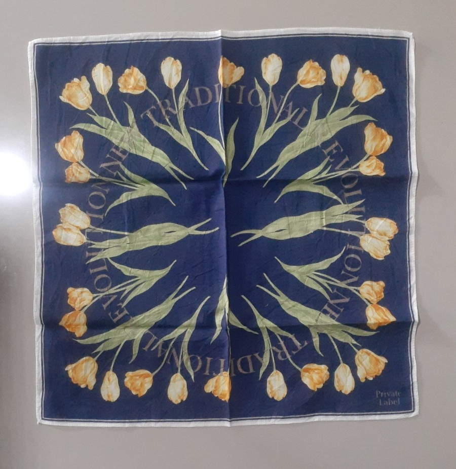 Pañuelo Floral Tulipán Etiqueta Privada Vintage Azul Marino Algodón Bufanda Japón