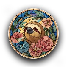 Sloth Animal Spring Floral Stained Glass Style Opaque Vinyl Sticker Decal