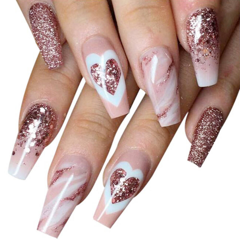 Coffin False Nails Glitter Sequins Herat Long Press on Nails for Nail Art  24pcs | eBay