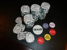 100 White Double Dice 4 Aces 11.5 gram Poker Chips + Dealer Button Set