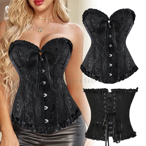 Damen Sexy Überbrust Taille Trainer Schnür Korsett Vintage Bustier Top Übergröße - Bild 13 von 28