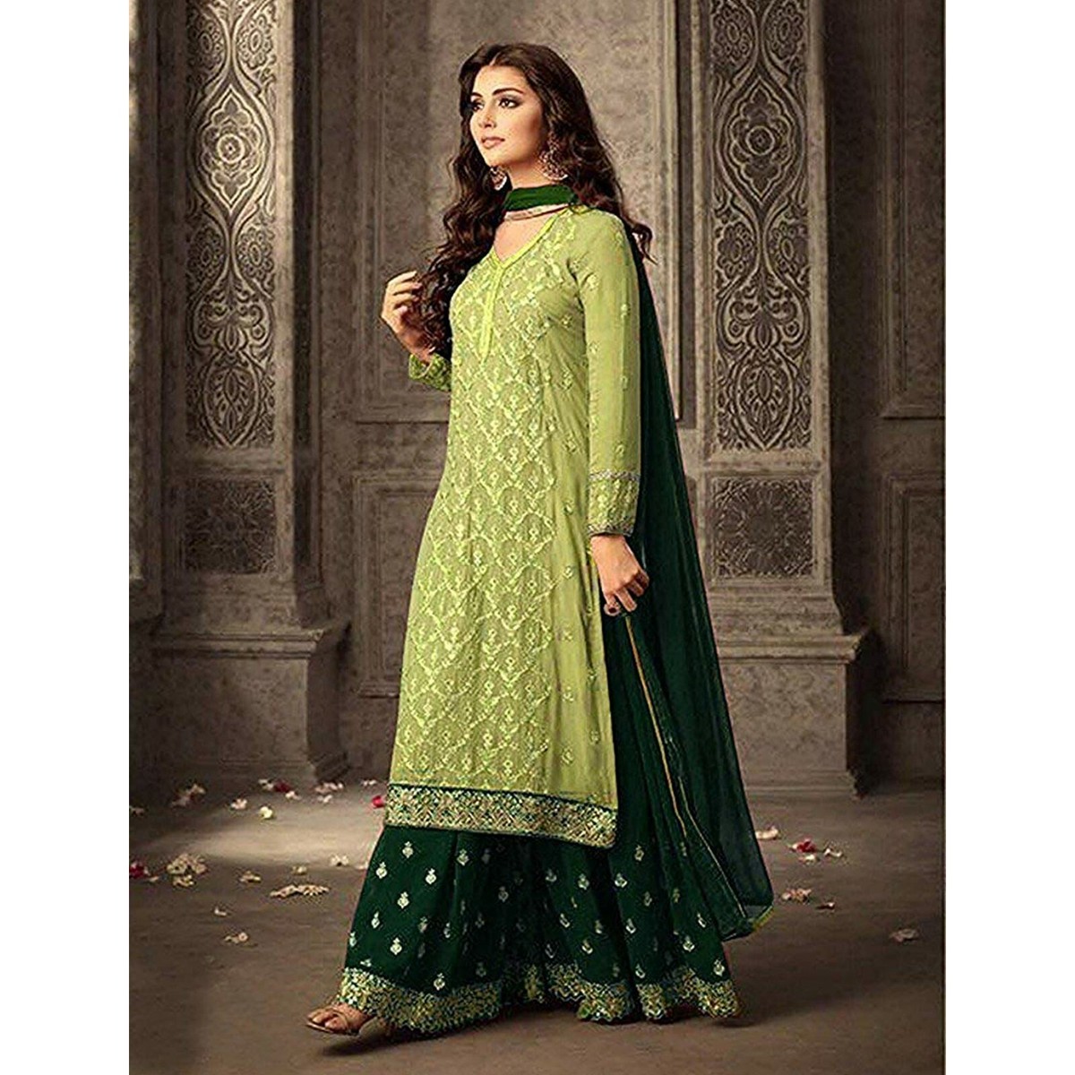 Salwar Kameez Pakistanais Femme - Palazzo Sharara Manches Longues - Soie Rangoli & Georgette Satin - Prêt à Porter