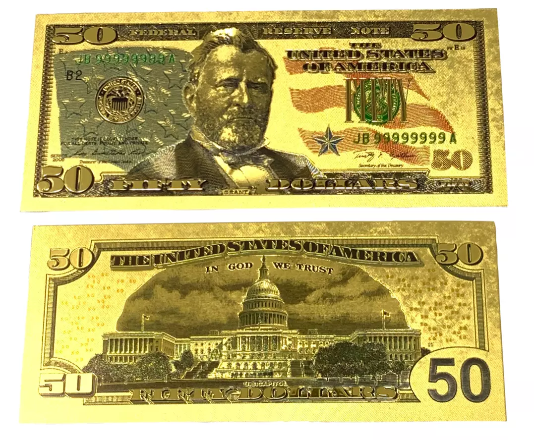 24K GOLD Plated Foil $50 Dollar Bill Collectible Novelty