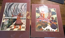 TWO VTG ART DECO FANTASY Matted Prints Illustration Art ROSA ROSA Dogs & Archer