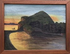 REALIST SEASIDE HILL ROCK MOUNTAIN BAY SHORE BOATS SUNSET NORWAY 1935