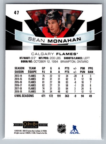 2019-20 O-Pee-Chee Platinum #47 Sean Monahan Calgary Flames - Picture 2 of 2