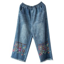 Women Denim Cropped Pants Retro Rthnic Embroidery Trousers Wide-leg Culottes