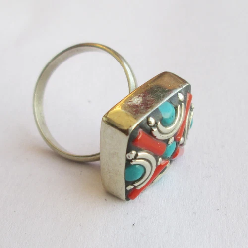 Tibetan Silver Turquoise Red Coral Original Jewelry Adjustable Unisex Ring R43