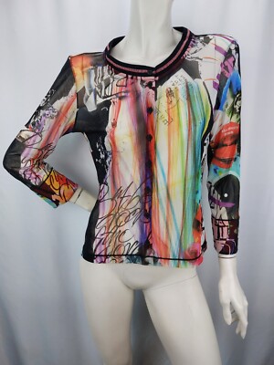 Sani Blu Damen Strickjacke Y2K Graphic Print Multicolor Netz Gr. M/L Bunt