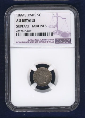 STRAITS SETTLEMENTS VICTORIA 1899 5 CENTS SILVER COIN, CERTIFIED NGC AU DETAILS