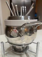All Clad 3 Qt Dual Purpose Fondue Pot Set - Stainless + Ceramic Insert + 6 Forks