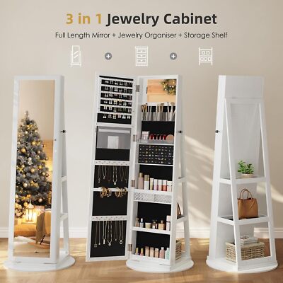 3 IN 1 Swivel Jewelry Cabinet Lockable Jewelry Armoire w/ Full-Length Mirror