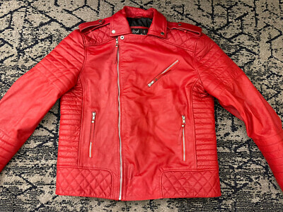 Men's RL Red Traditional Double Zipper Padded Biker Leather Jacket