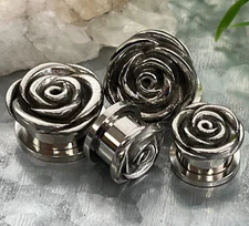 PAIR Screw Fit Rose Flower Plugs Tunnels Earlets Gauges 8mm thru 20mm