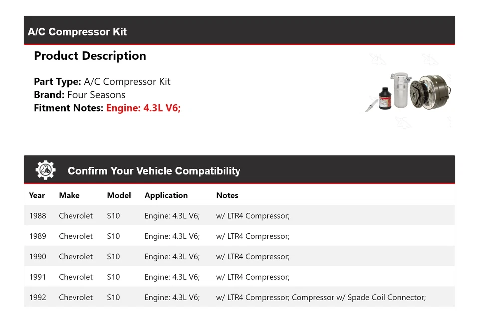 Para 1988-1992 Chevrolet S10 4.3L V6 Kit de compresor de aire acondicionado 4 Seasons 1989 1990 1991 Foto 2 de 4