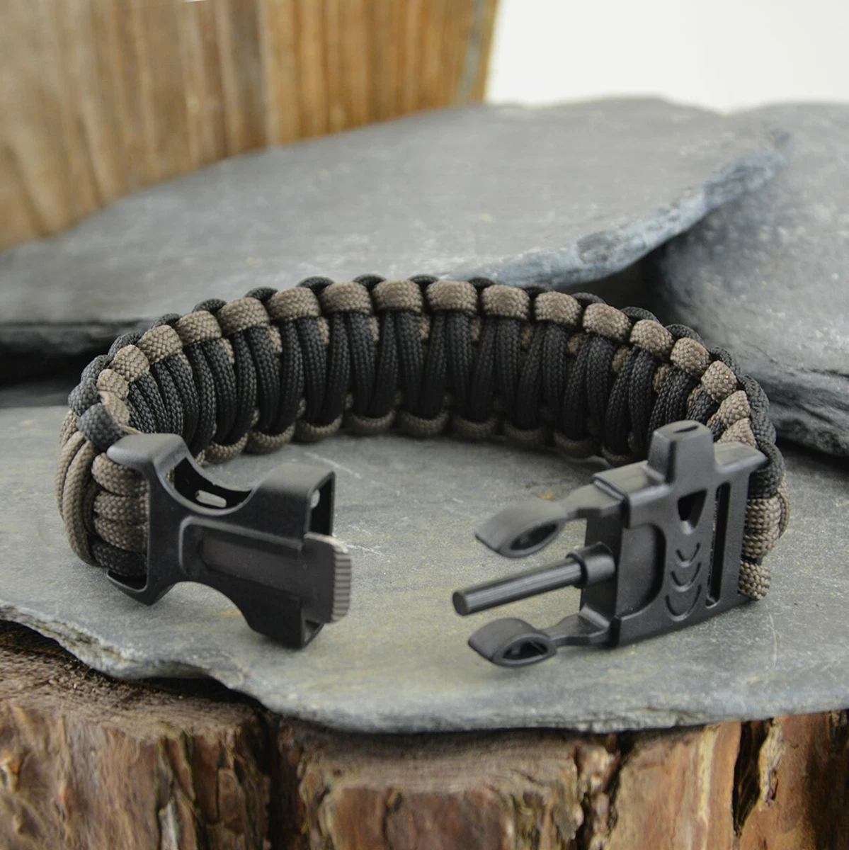 Paracord Survival Bracelet - King Cobra - Fire Steel - Black/Gun Grey