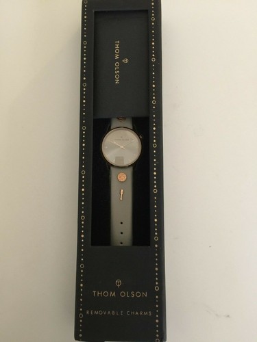Thom Olson Charms Quartz Watch White On Gray Genuine Leather Band NEW - Picture 2 of 2