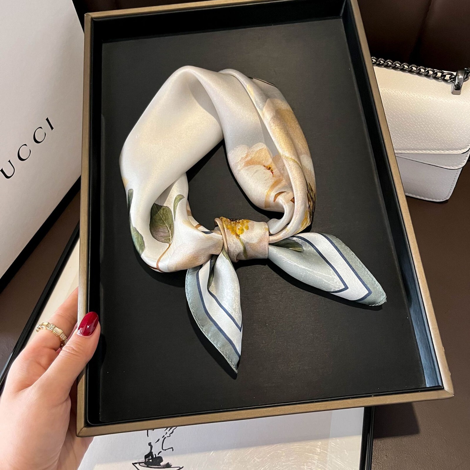 100% Silk 21'' Scarf Women Vintage Head Wrap Small Kerchief Turban White Flower