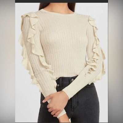 Express Metallic Ruffle Gold Ribbed Semi Sheer lightweight Sweater size Medium