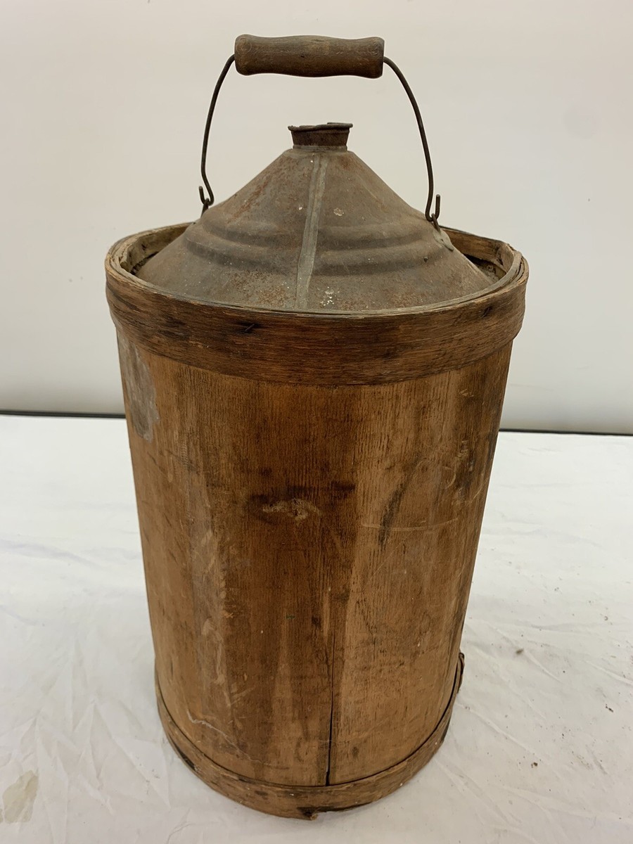 Antique 5 Gallon Kerosene Fuel Oil Gas Can, Wood Wrapped Metal Can