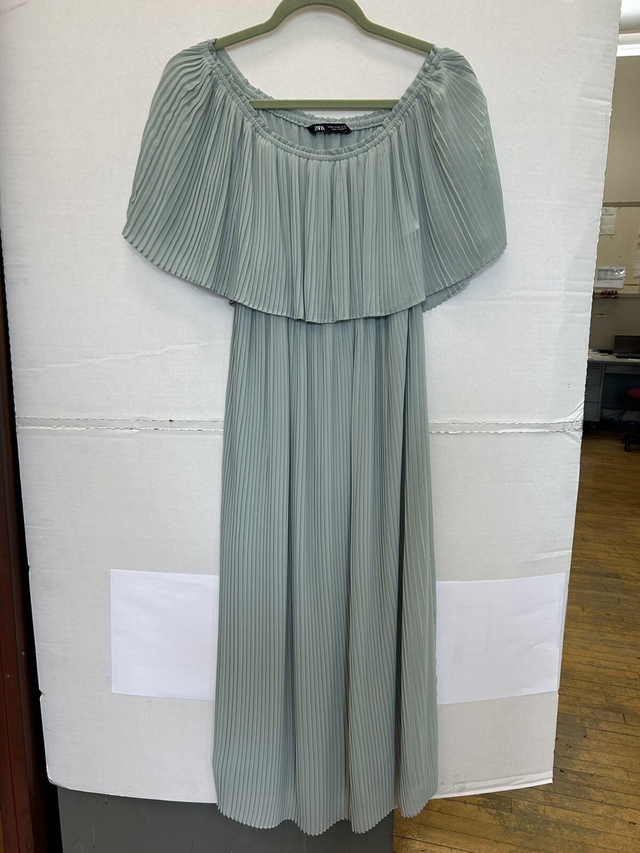 Zara Womens Dress Off the Shoulder Pleated in Mint Green Maxi Size XS | eBay