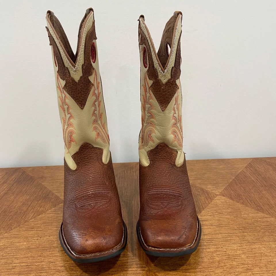 Tony Lama 儿童靴 2.5 D 棕褐色象牙色西部牛仔人造皮革 LL400 — 第 4/4 张图片