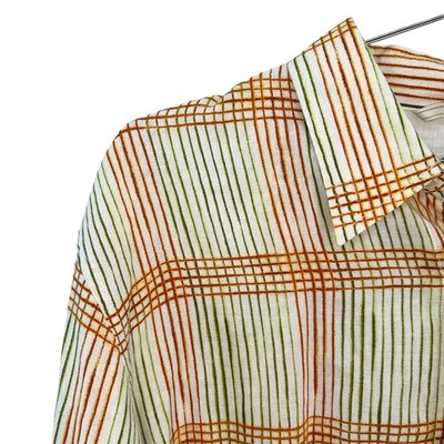 TOMMY BAHAMA Relax Linen Plaid Button Up Shirt   Large   white, orange, green