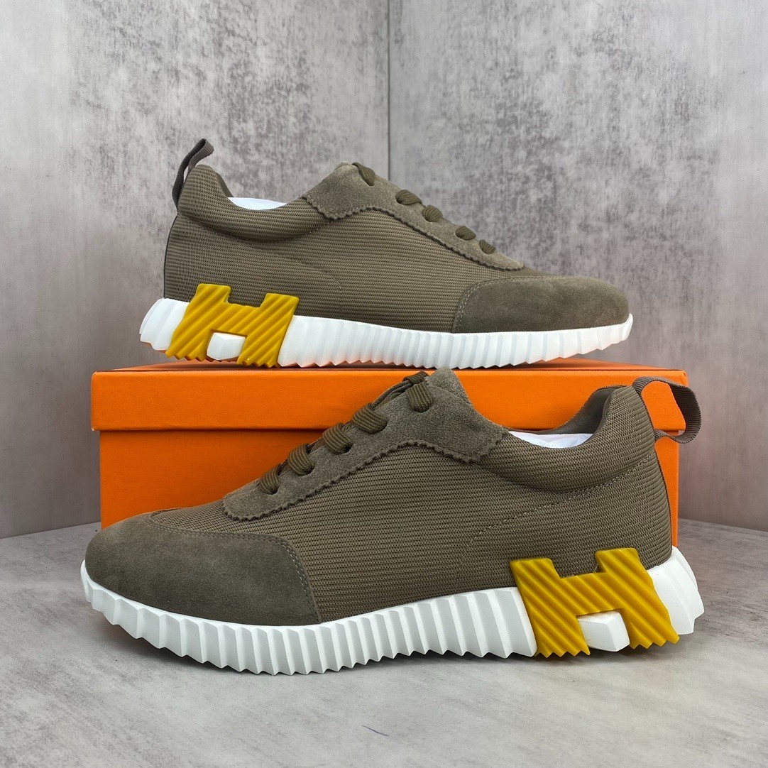 Hermès Bouncing Sneakers Uomo Verde Kaki Giallo Suola Bianca Scarpe