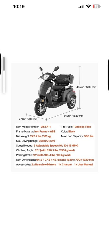 VEVOR VISTA-1 3-Wheel Mobility Scooter w/ Tubeless Tires, 500 lb, Black