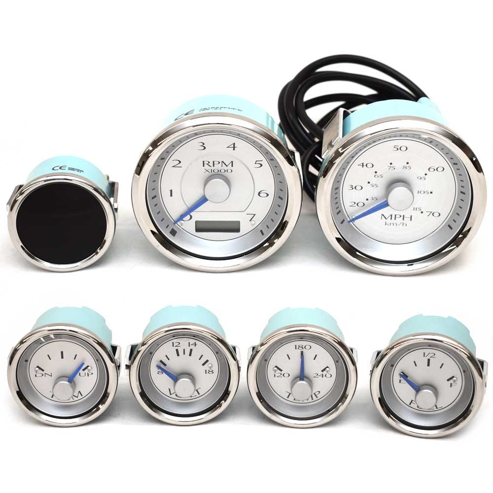 VeeThree Boat Gauge Set | Metallic Silver / Blue Evinrude (Set of 7)
