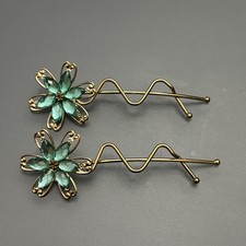 Green Rhinestone Copper Tone Hair Pins Clips Crystal Wedding Party Costume - NEW