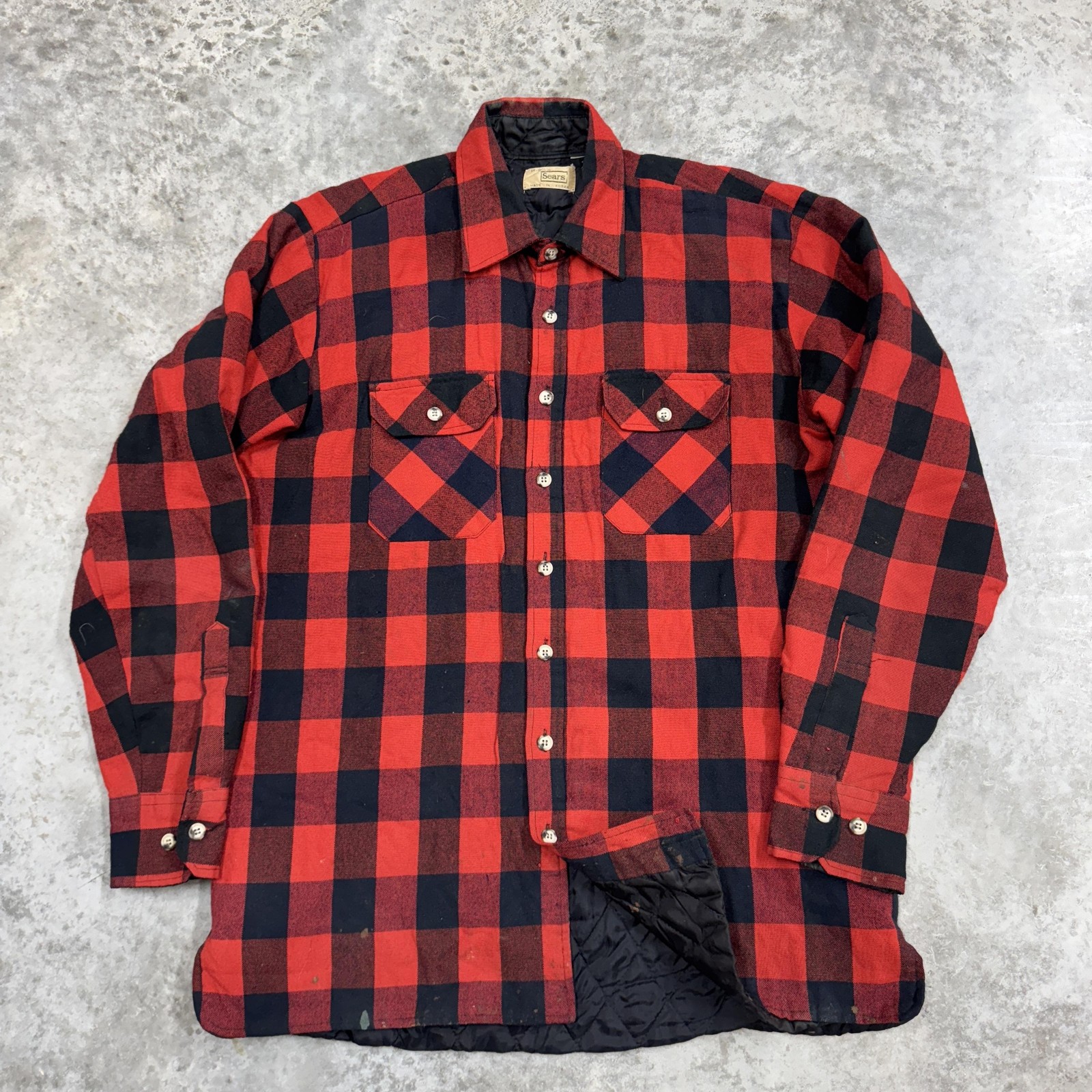 Vintage Sears Flannel Shirt Jacket Mens Large Tall Buffalo Plaid Quilted 90s