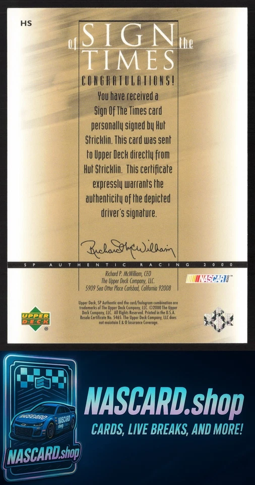 2000 SP Authentic #HS Hut Stricklin Sign of the Times - Image 2 of 2