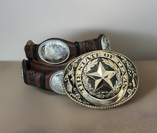 Justin Boots Belt Brown Leather 46 Silver Concho Woven Texas star gold buckle