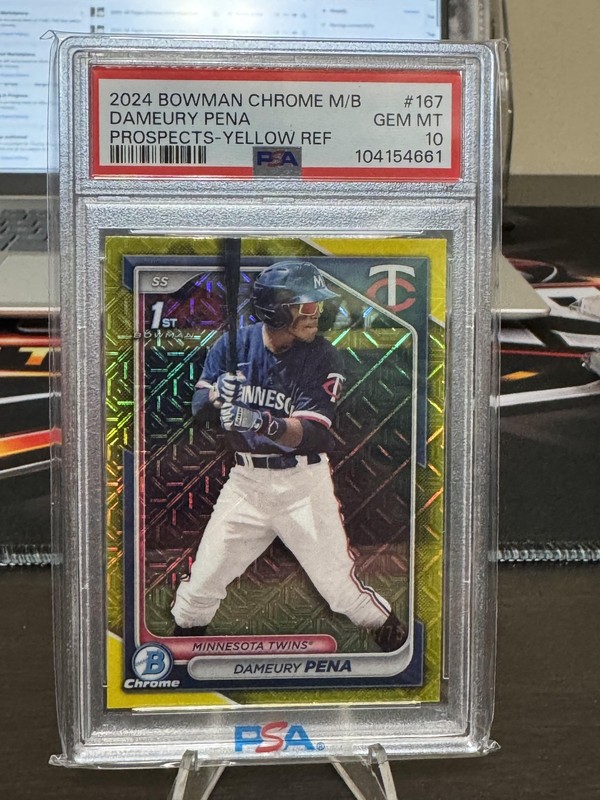 2024 Bowman Chrome #BCP167 Dameury Pena Pros. Yellow Mojo Refractor /75 PSA 10