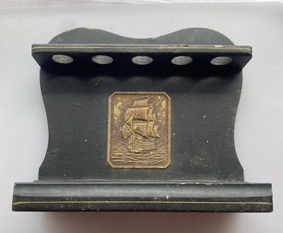 Pfeifenständer aus Holz Vintage 30er Jahre ? Schwarz mit Schiff Motiv Art Deco Kunsthandwerk