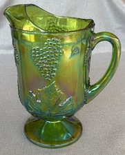 Indiana Glass Harvest Grape Iridescent Green Carnival Glass Footed Pitcher — listing 2