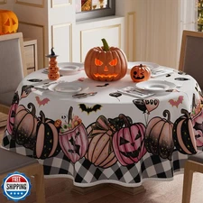 XCHI Pink Spooky Pumpkin Boo Halloween Tablecloth Round Washable Table Covers