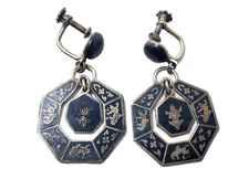 Vintage Siam Arts Sterling Silver Earrings Niello Hindu Dancer Goddess Thailand