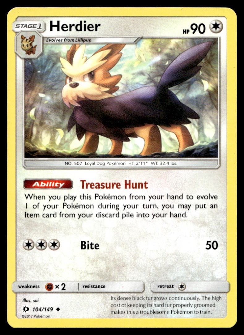 Herdier 104/149 Pokemon Card Sun & Moon Uncommon 90 HP Lightly Played IC