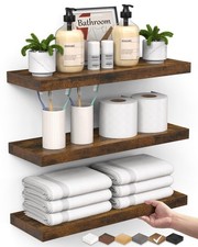 Bathroom Floating Shelves for Wall Set of 3 - Rustic Brown Farmhouse Wood She...